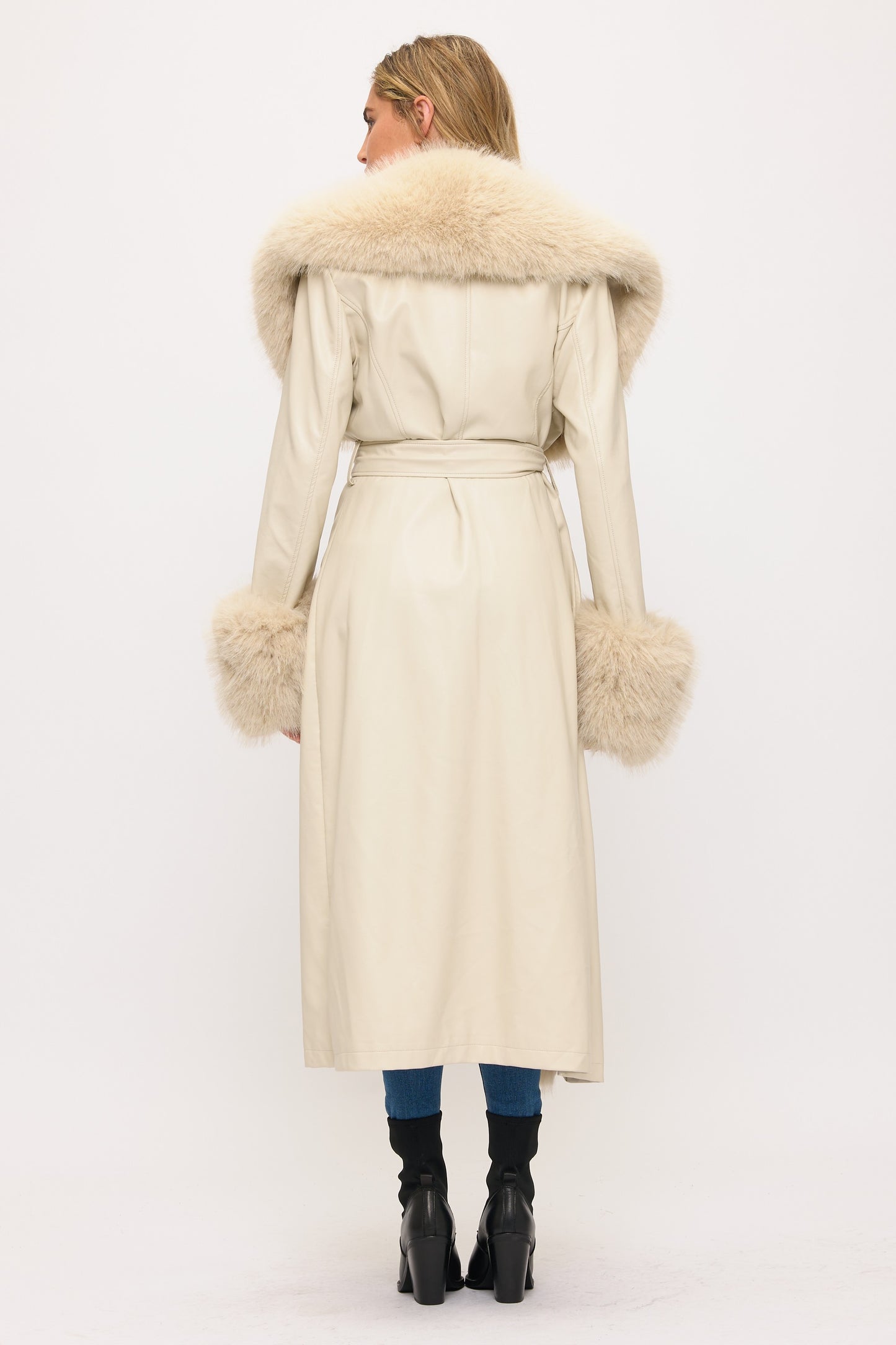 CLALJ0156: Long Faux Leather & Fur Trim Coat