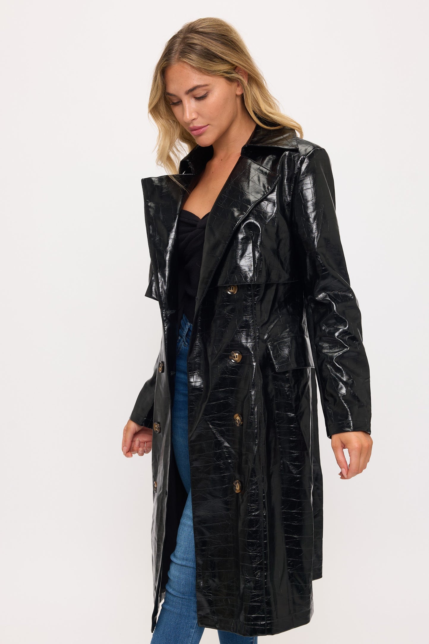 LT0166: Crocodile Faux Leather Trench Coat