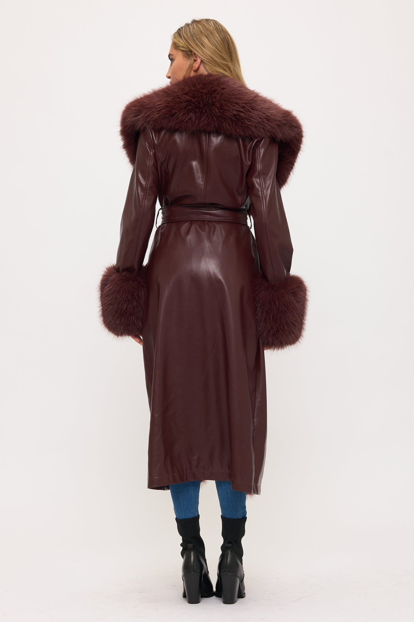 Long Faux Leather & Fur Trim Coat
