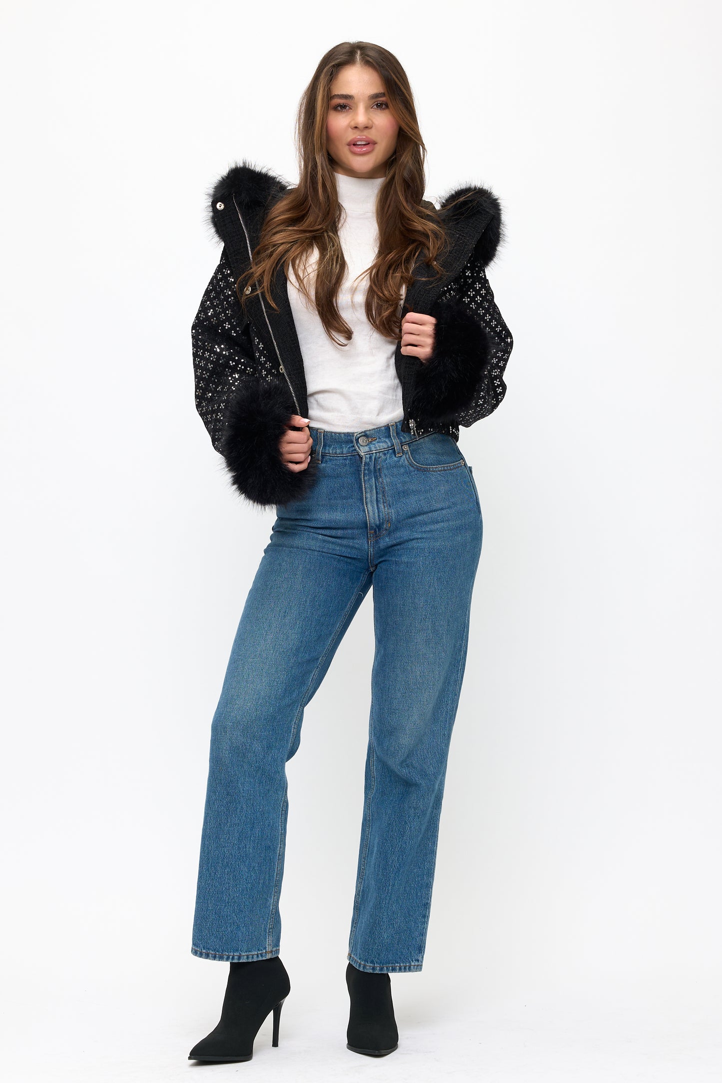 CLATJ0052: The Starlight Sequin Bomber with Faux Fur Collar