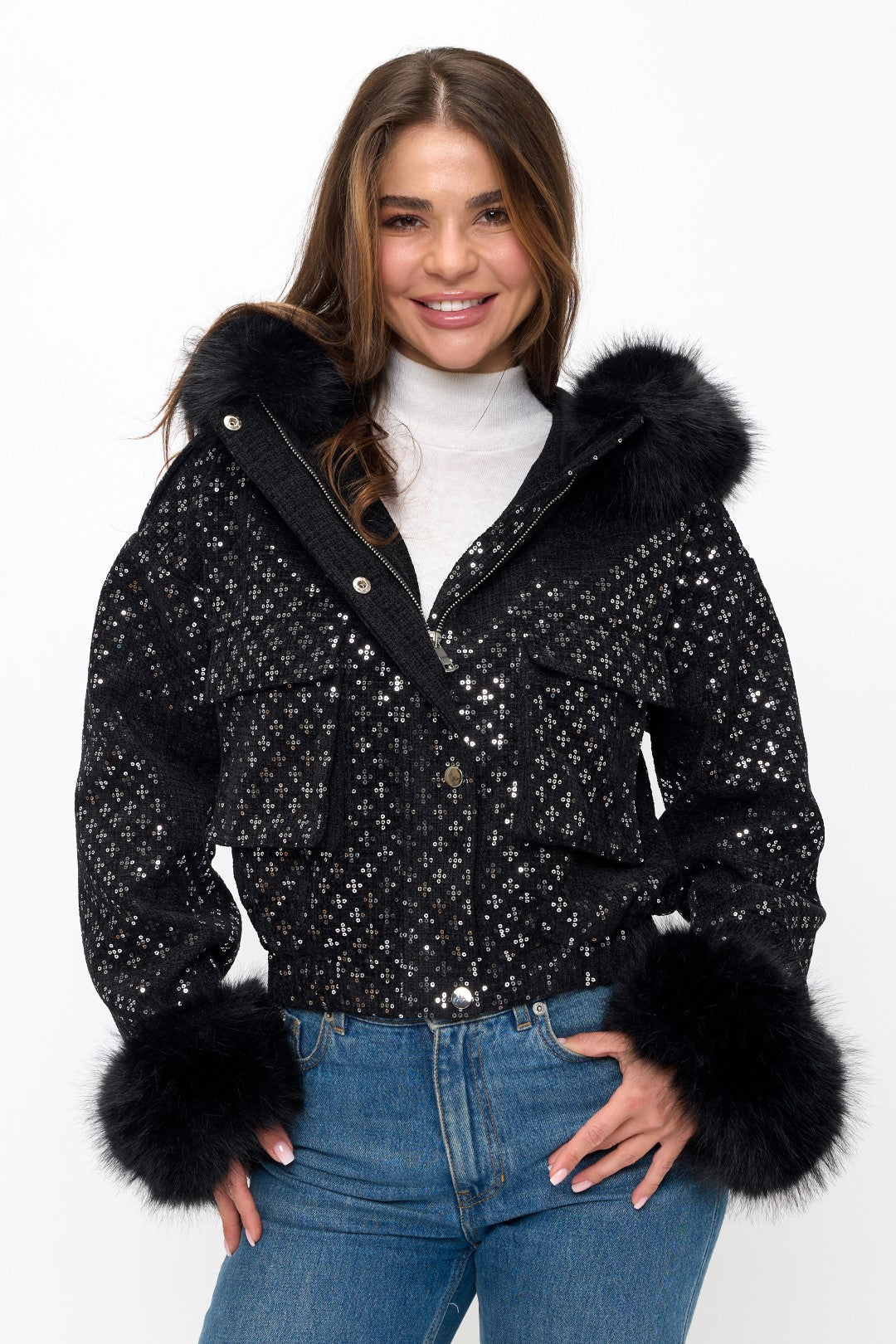 CLATJ0052: The Starlight Sequin Bomber with Faux Fur Collar