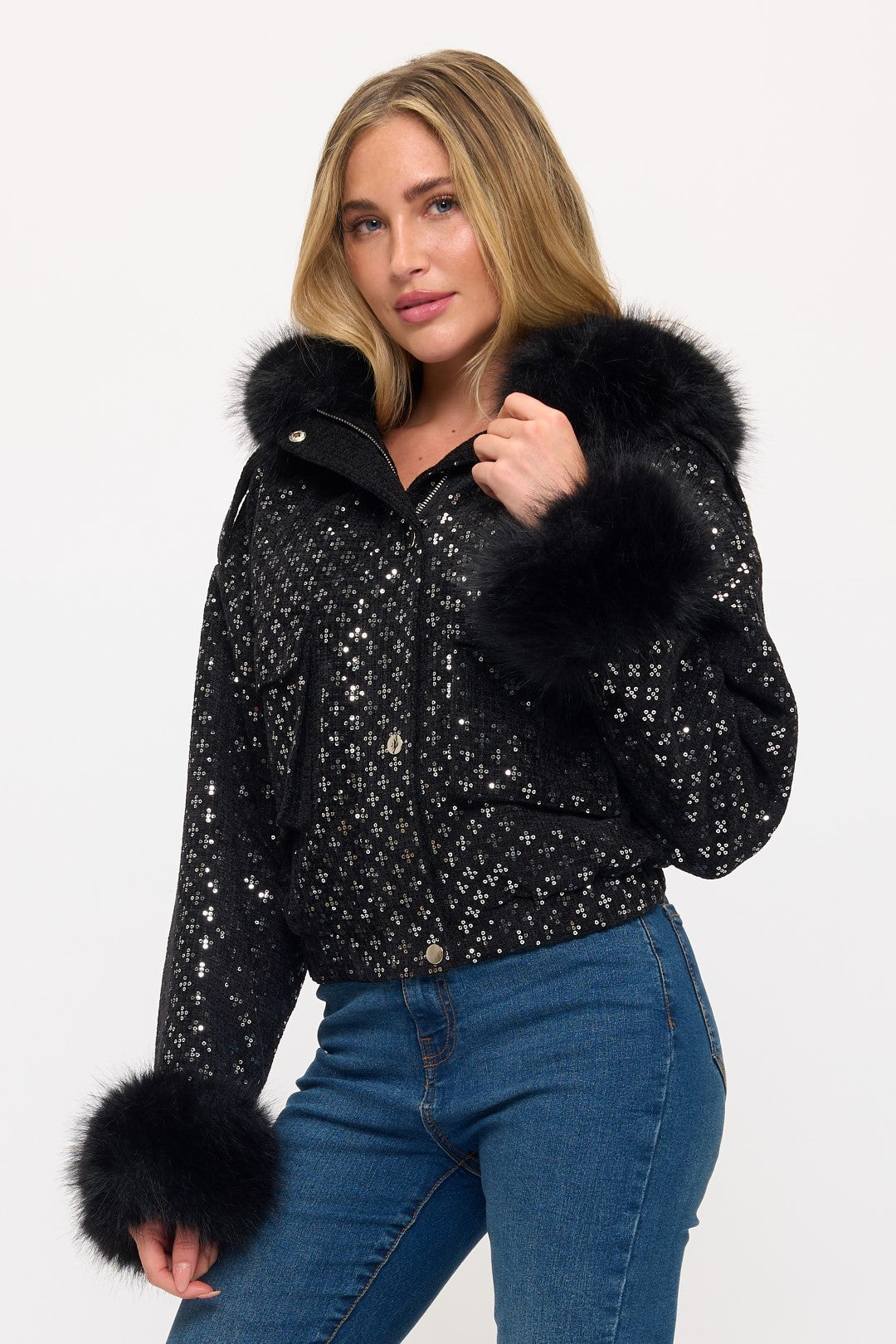 CLATJ0052: The Starlight Sequin Bomber with Faux Fur Collar