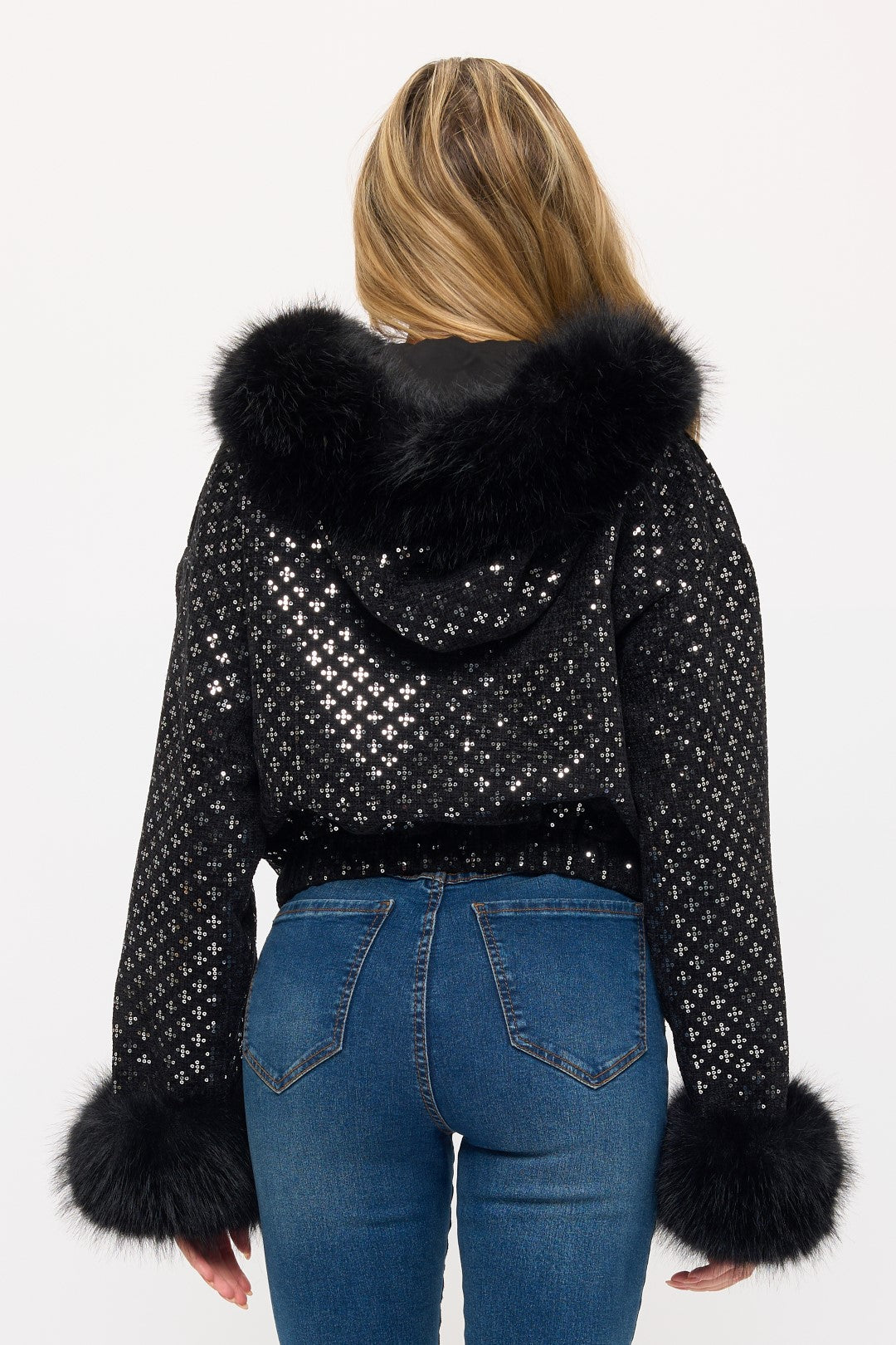CLATJ0052: The Starlight Sequin Bomber with Faux Fur Collar