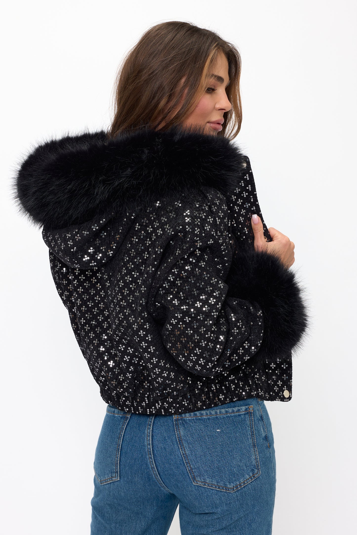 CLATJ0052: The Starlight Sequin Bomber with Faux Fur Collar