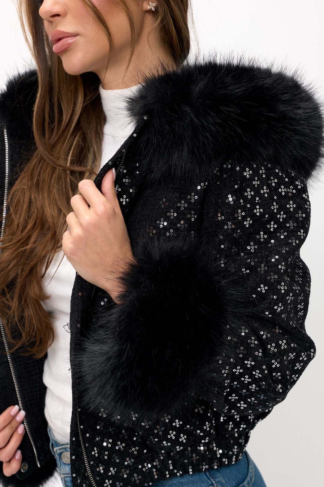 CLATJ0052: The Starlight Sequin Bomber with Faux Fur Collar