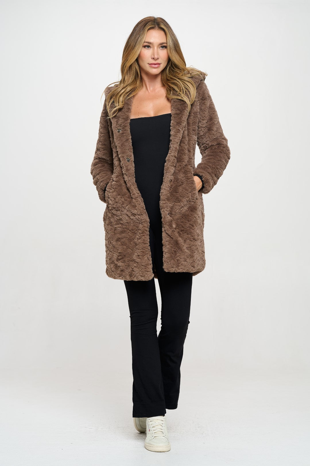 F513L1: Reverie Hooded Faux Fur Coat
