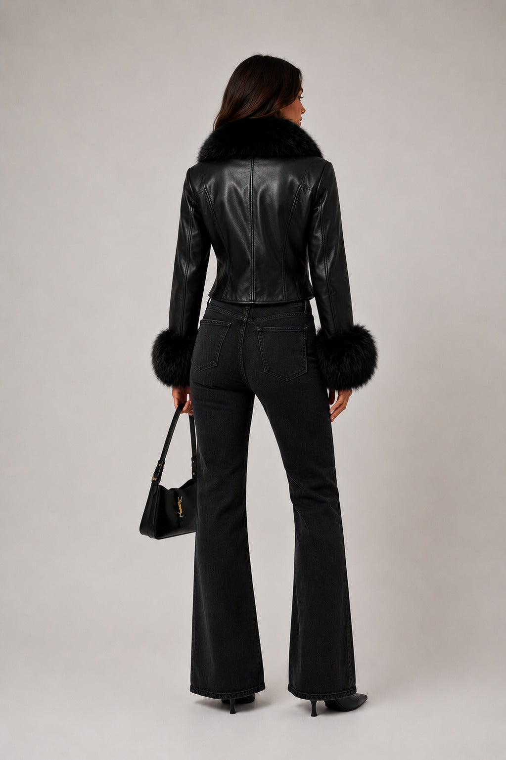 Faux Leather Zip Front Fur Trim Cropped Jacket