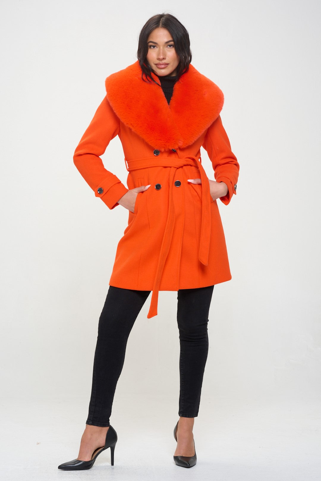W457L1: Citrus Solstice Faux Fur Collar Wrap Coat