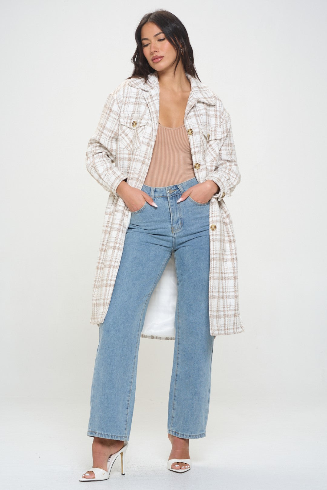 W460L1: Almond Aura Vegan Plaid Shirt Coat
