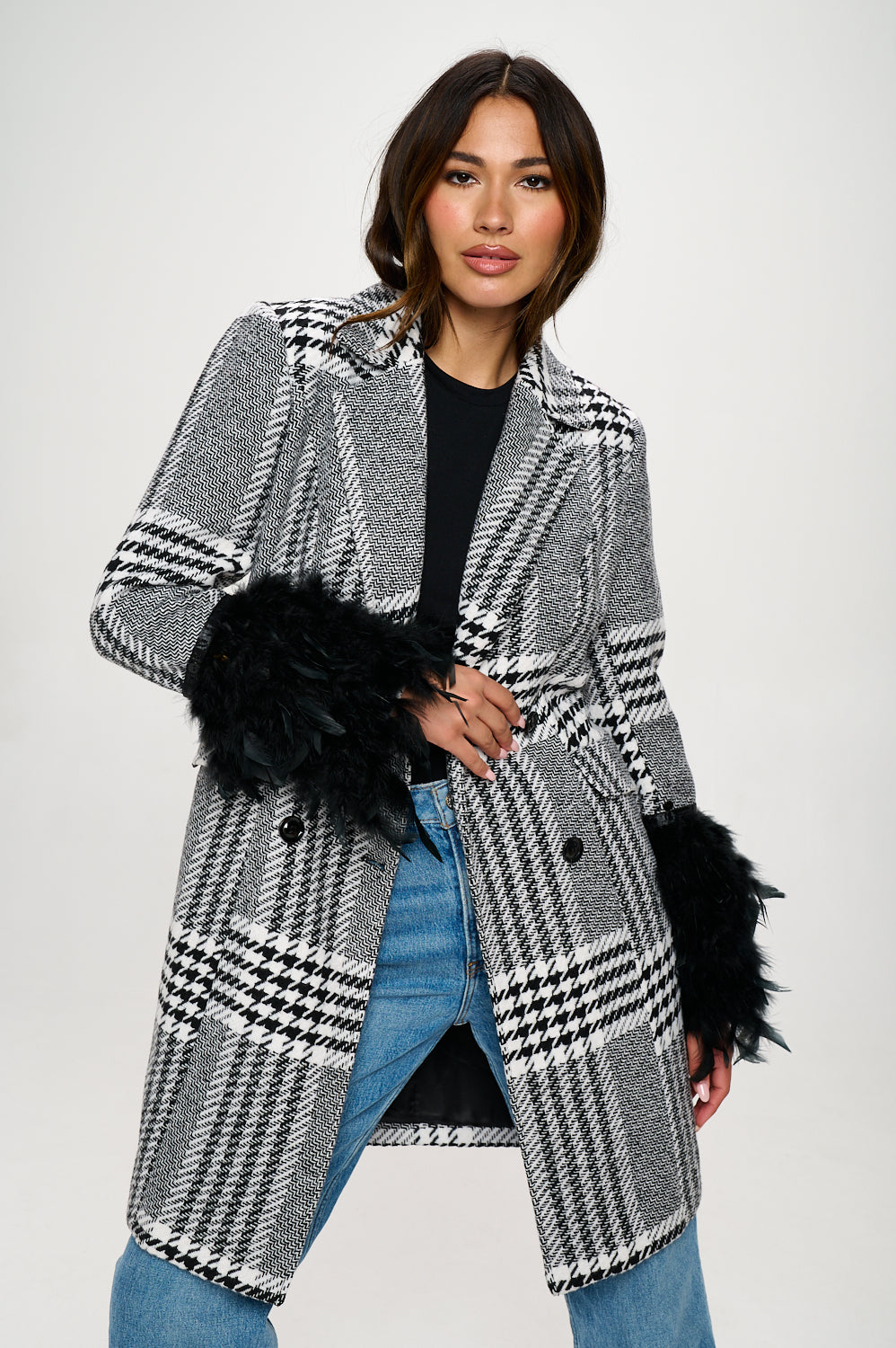 Monochrome Masquerade Faux Fur-Cuffed Plaid Blazer