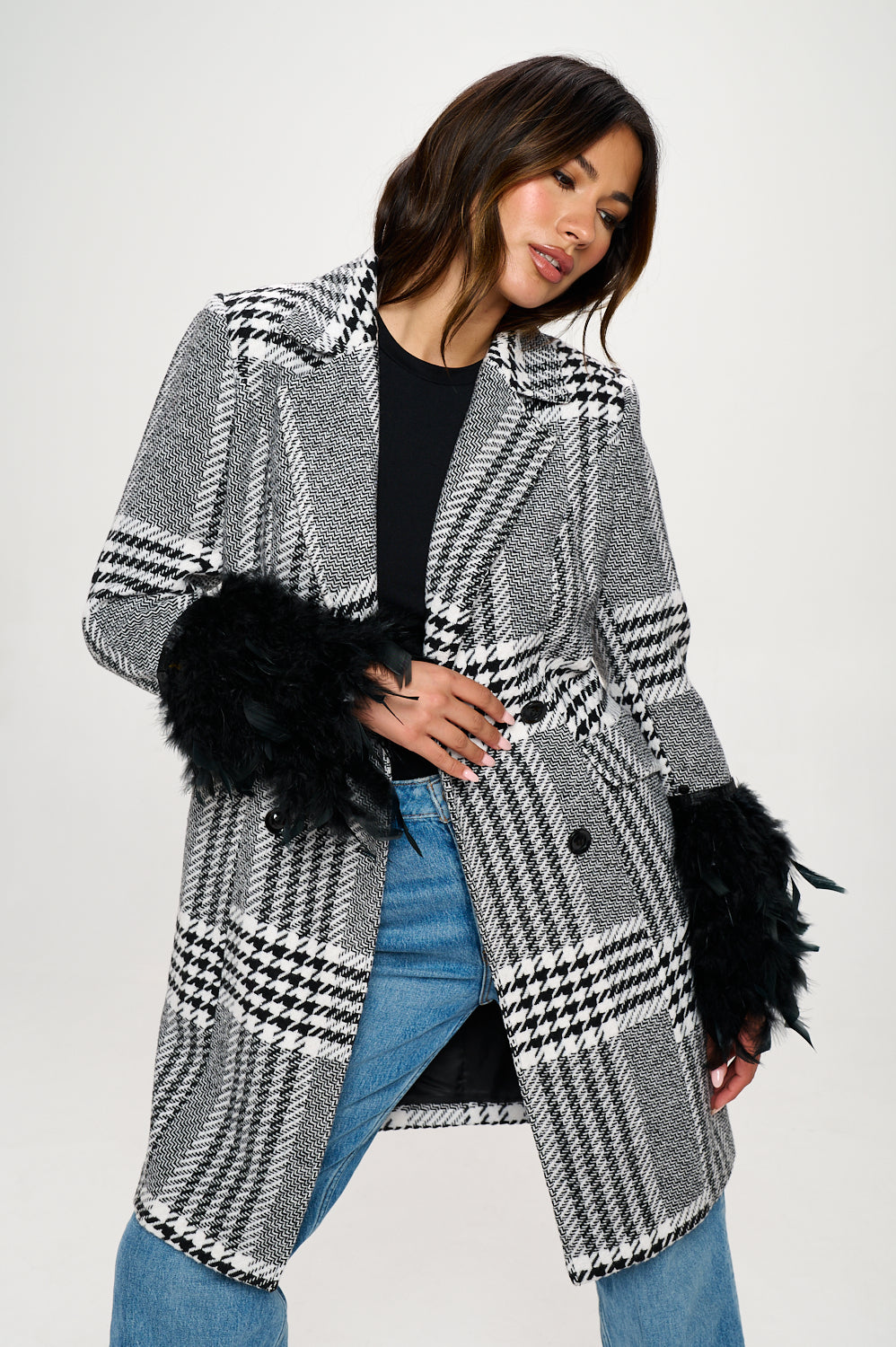 Monochrome Masquerade Faux Fur-Cuffed Plaid Blazer