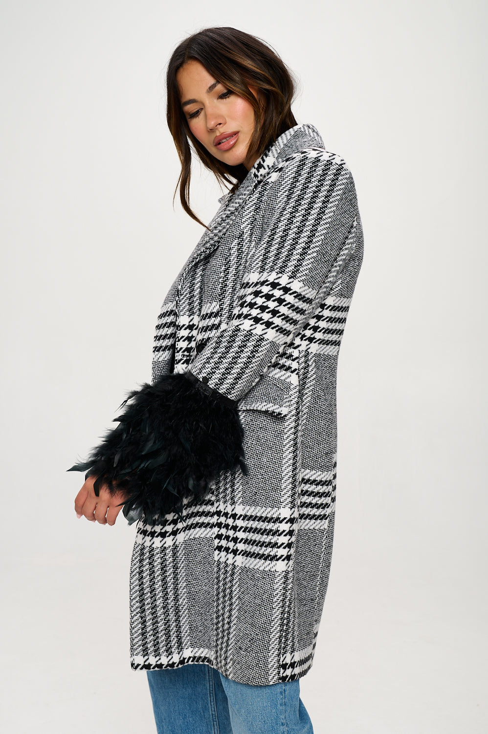 Monochrome Masquerade Faux Fur-Cuffed Plaid Blazer