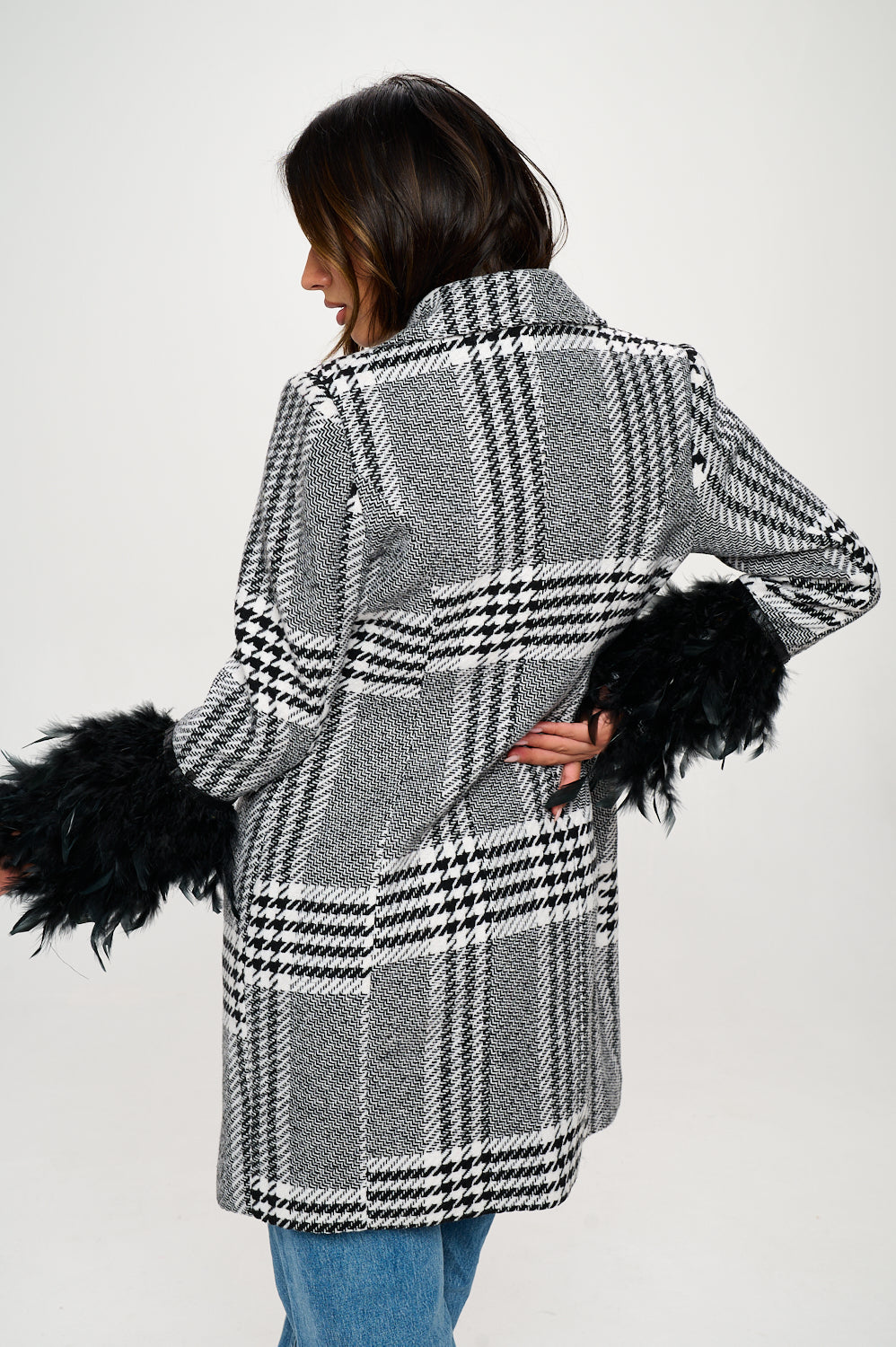 Monochrome Masquerade Faux Fur-Cuffed Plaid Blazer