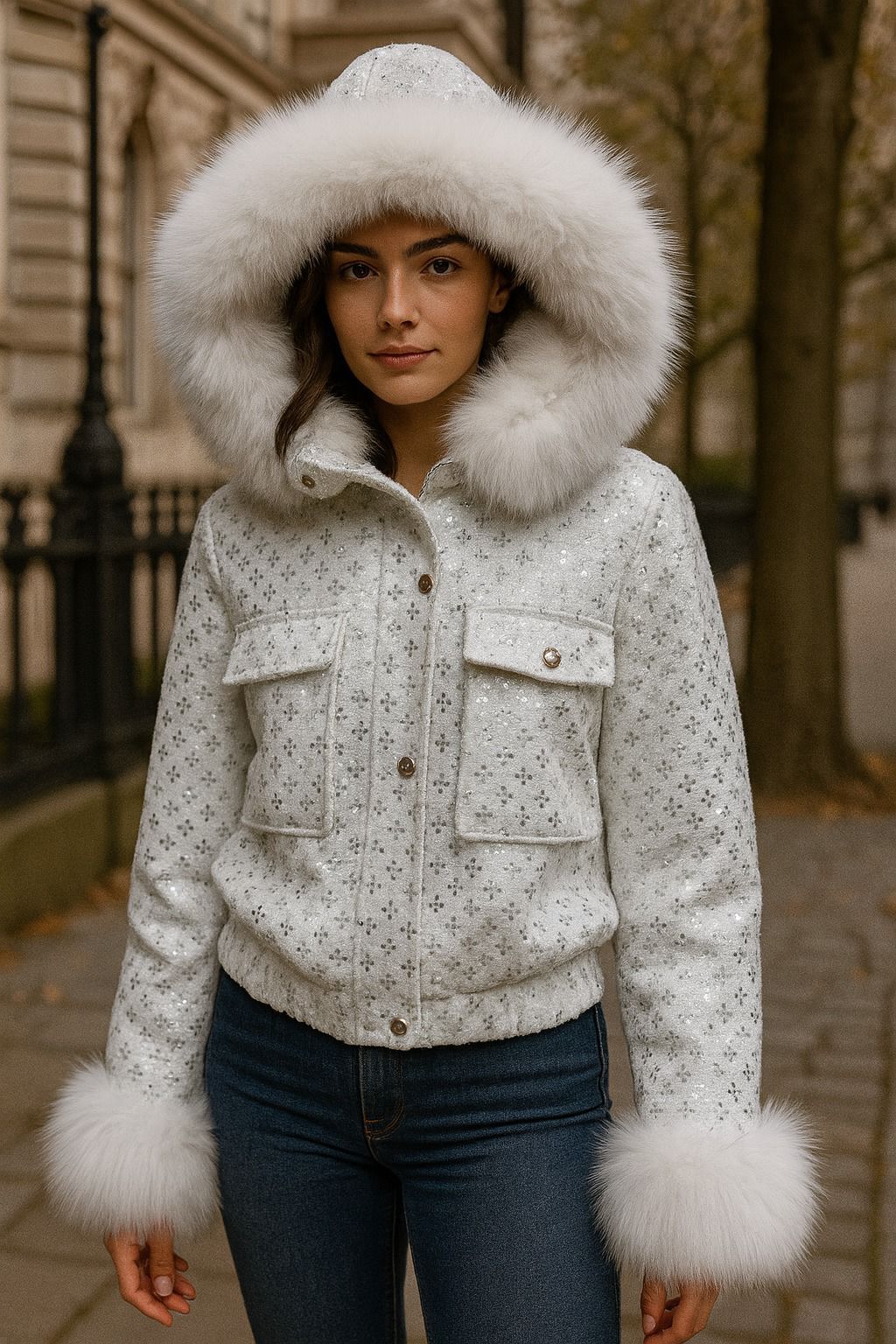 CLATJ0052: The Starlight Sequin Bomber with Faux Fur Collar