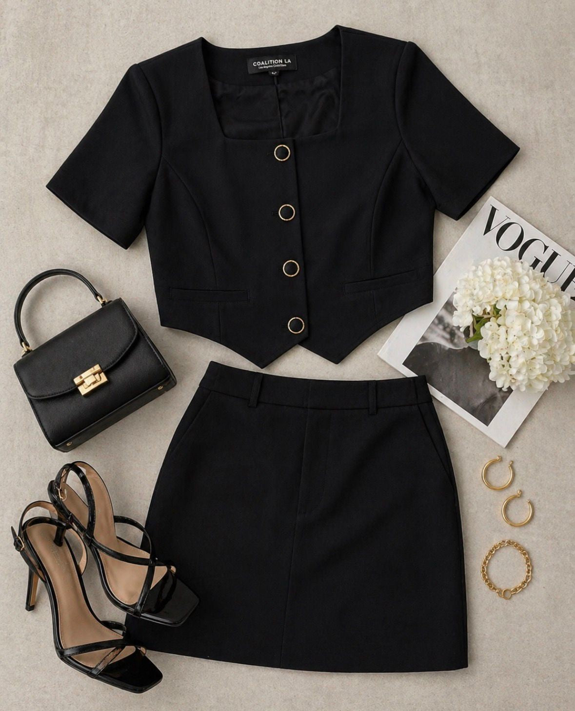CLAST1016: WOMEN'S STRETCH TWILL TWO PIECE TOP AND SKIRT SET