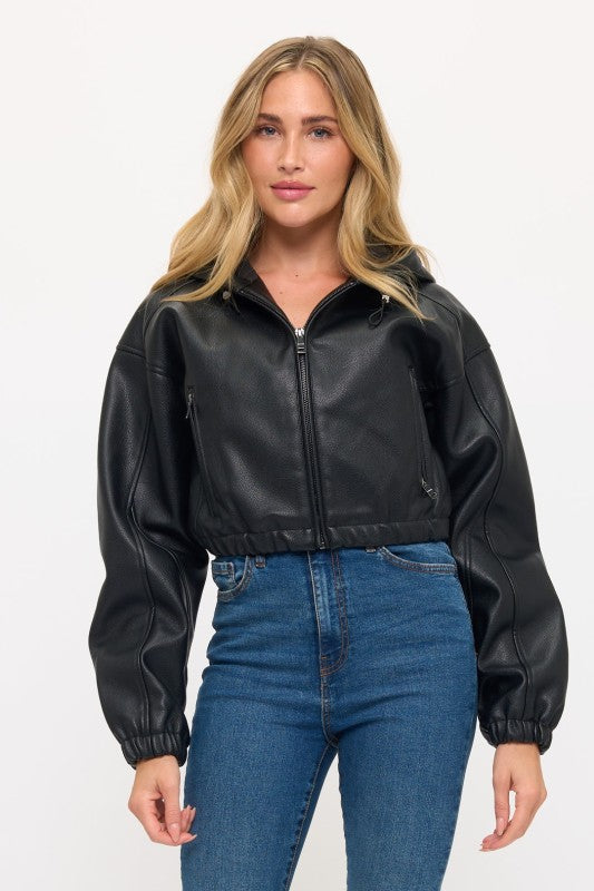 CLATJ0079: Urban Edge Faux Leather Cropped Hoodie Jacket