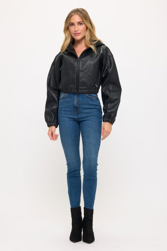 CLATJ0079: Urban Edge Faux Leather Cropped Hoodie Jacket