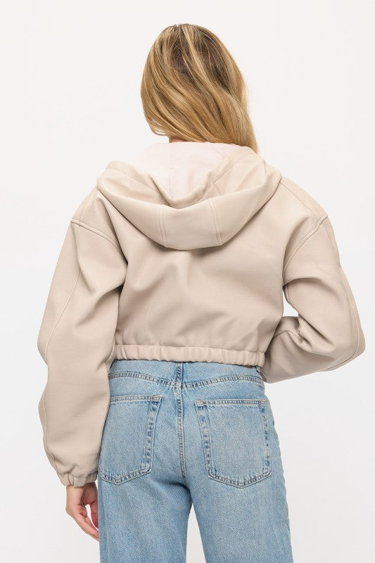 CLATJ0079: Urban Edge Faux Leather Cropped Hoodie Jacket