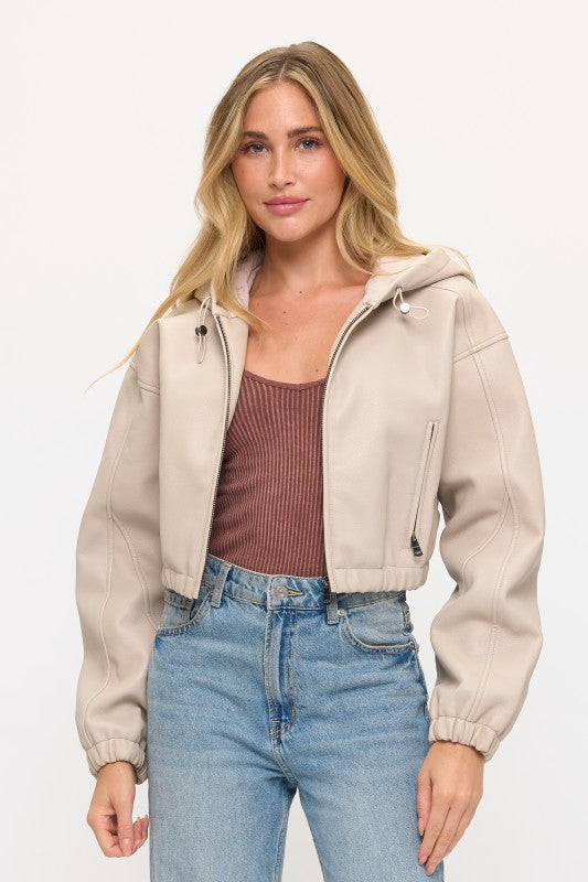 CLATJ0079: Urban Edge Faux Leather Cropped Hoodie Jacket