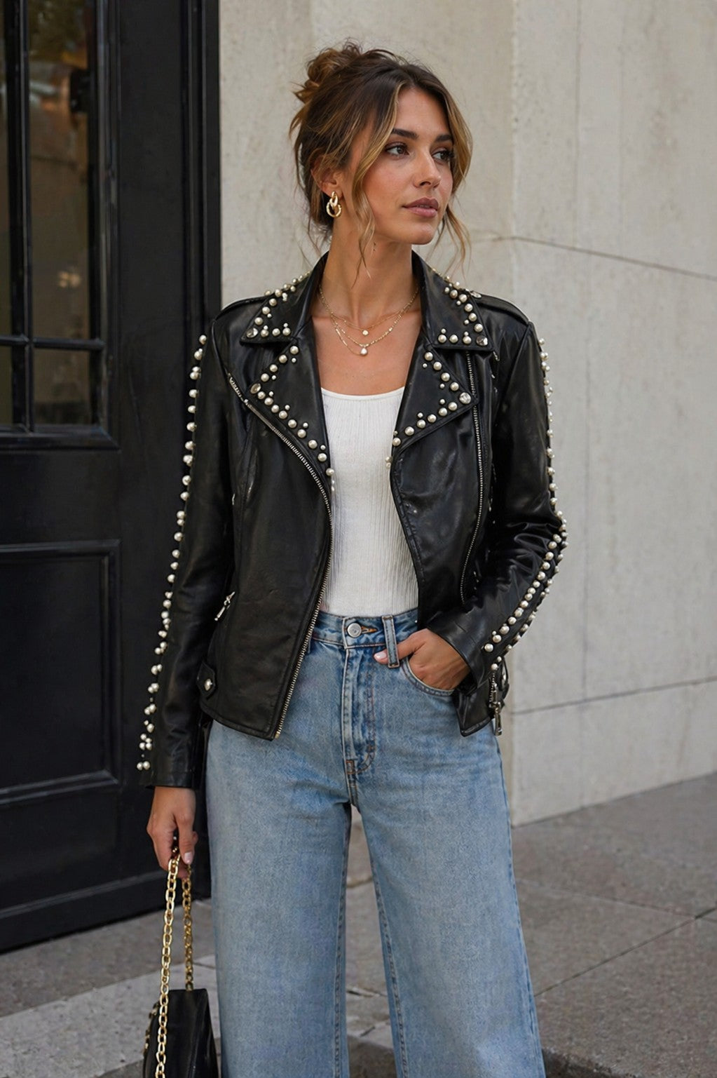 CLALJ0155: Rebel Rose Studded Moto Jacket
