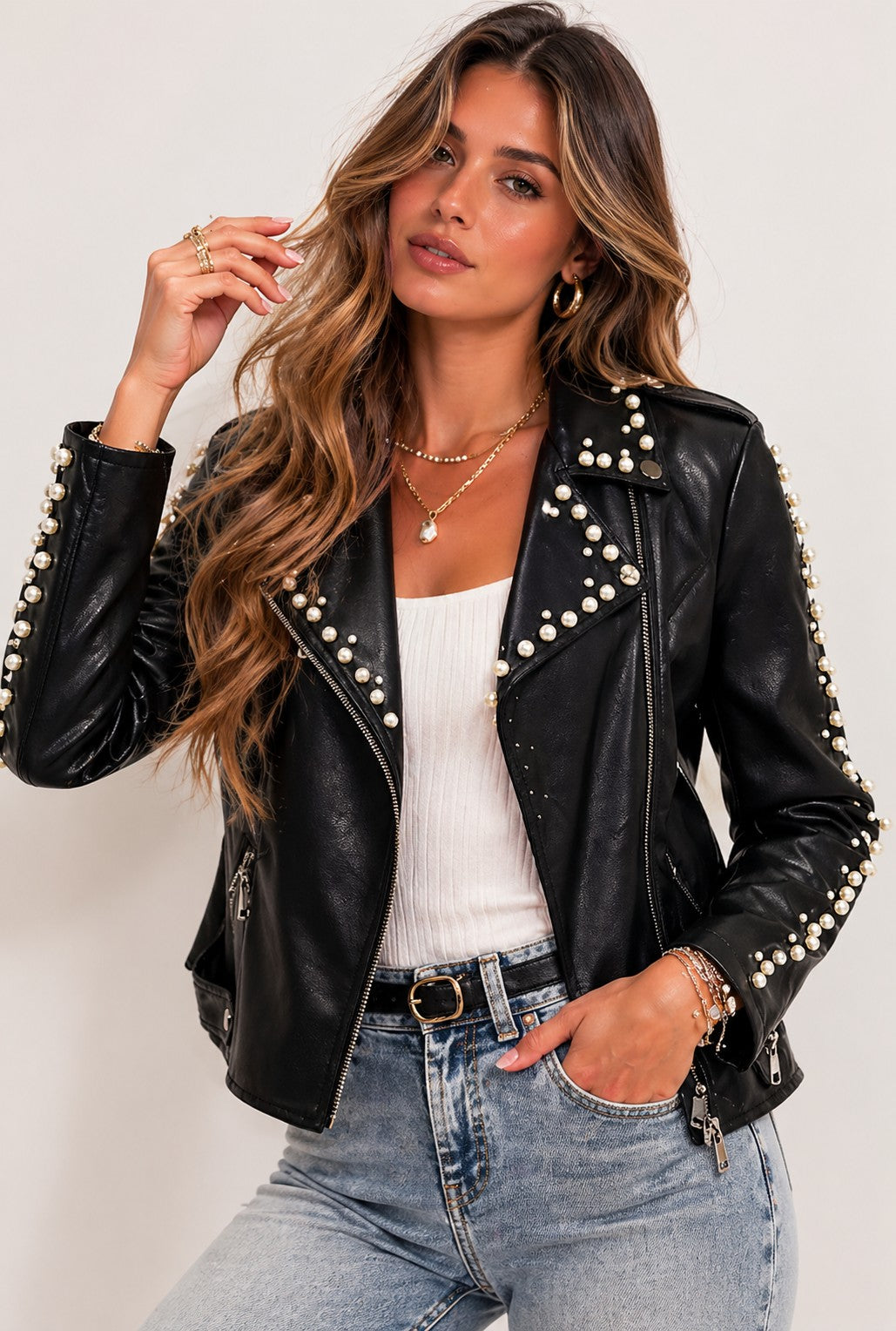 CLALJ0155: Rebel Rose Studded Moto Jacket