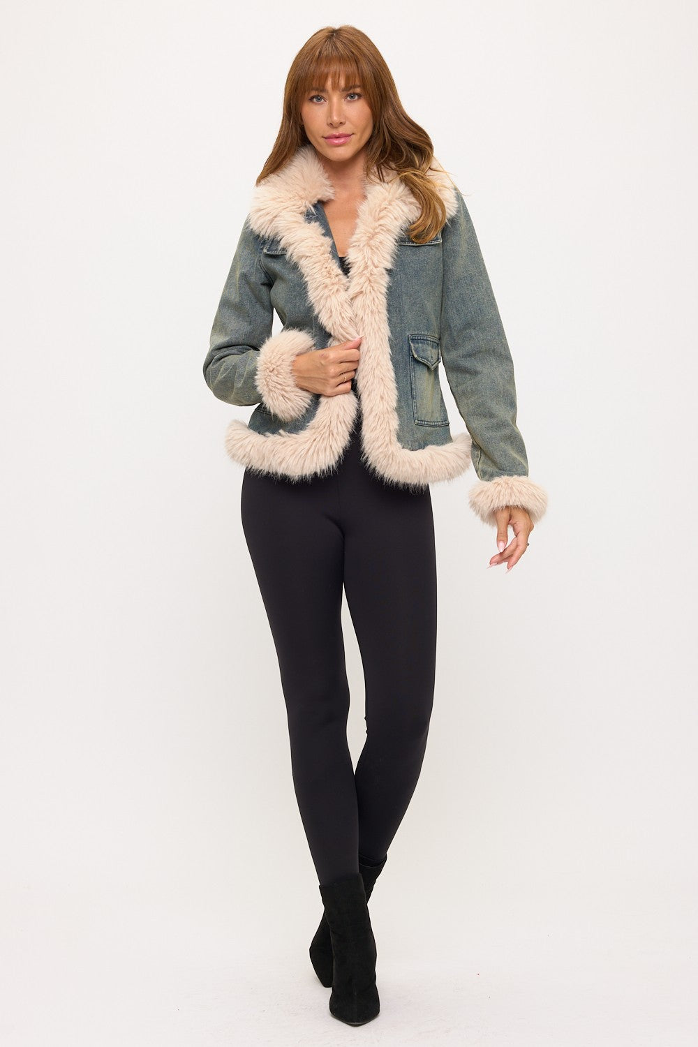 CLADJ0092: Vintage Chic Faux Fur Trim Denim Jacket
