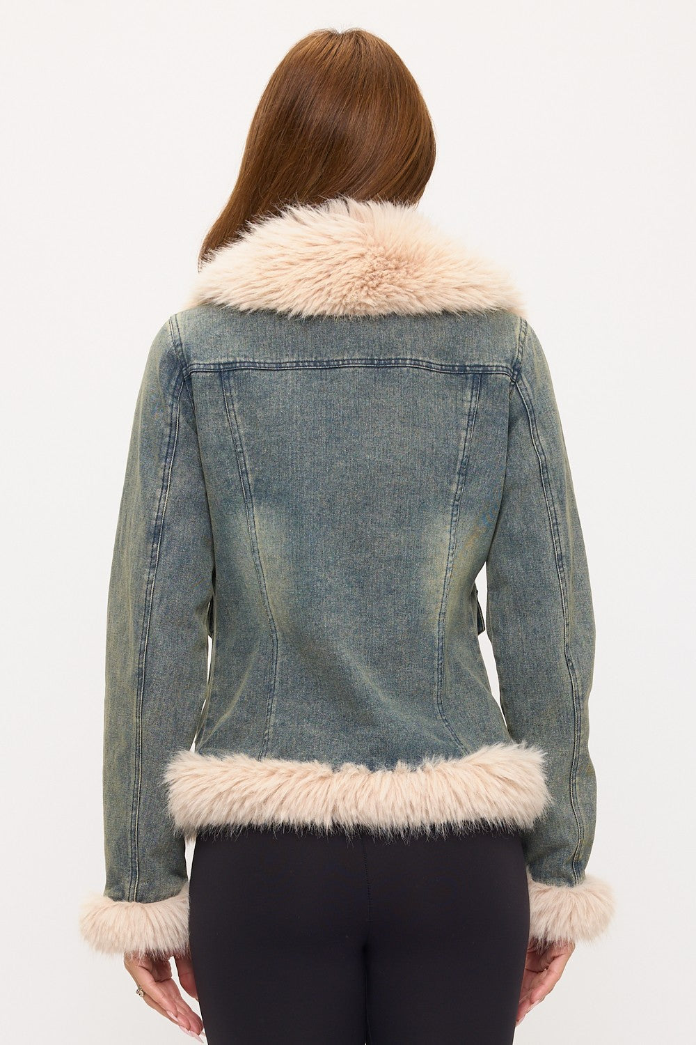 CLADJ0092: Vintage Chic Faux Fur Trim Denim Jacket