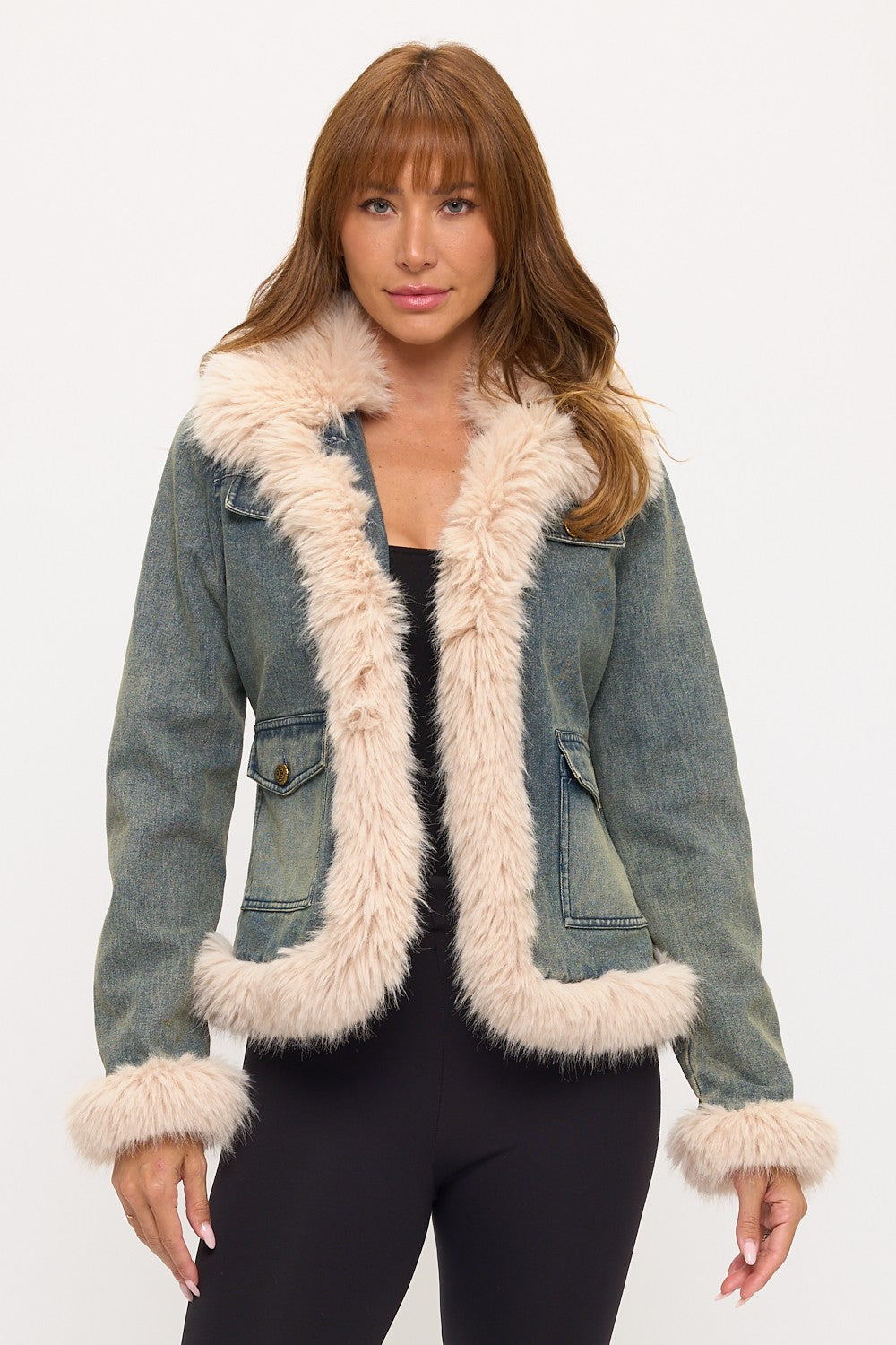 CLADJ0092: Vintage Chic Faux Fur Trim Denim Jacket