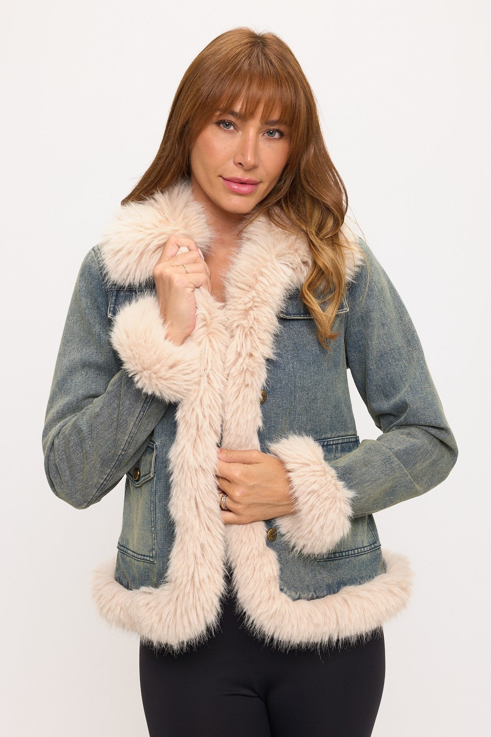 CLADJ0092: Vintage Chic Faux Fur Trim Denim Jacket