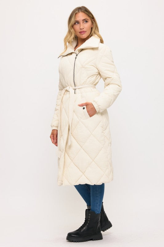 Model Wearing Velocity Mixed Media Long Coat Full Length View in Cream | Coalition LA