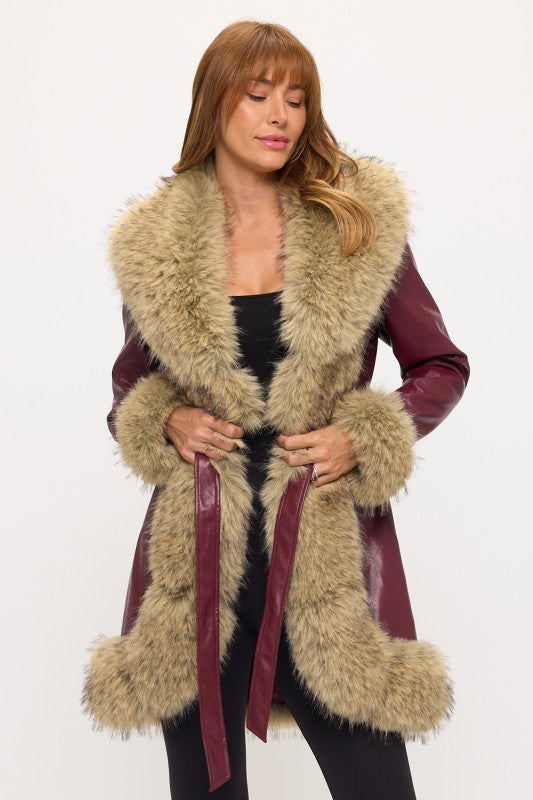 Model Wearing Boardwalk Luxe Contrast Coat Full Length View in Burgundy | Coalition LA