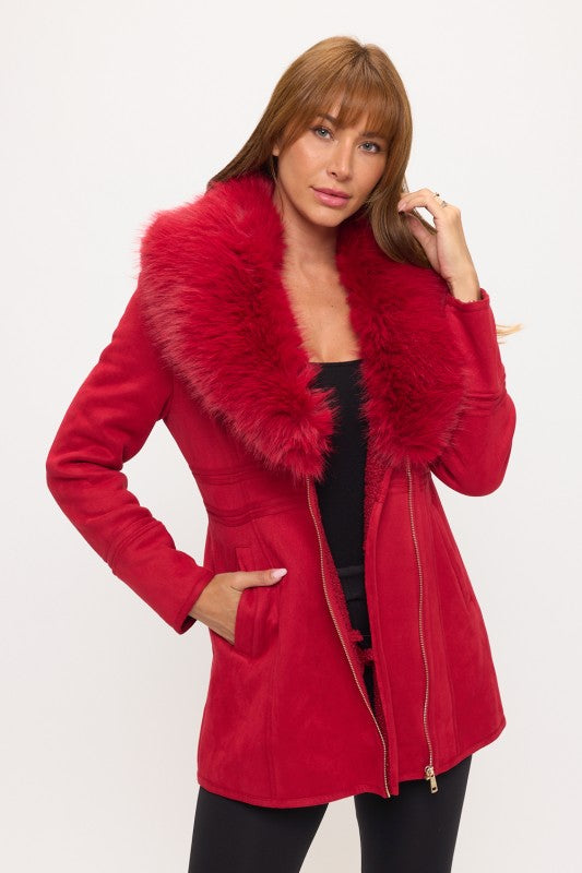 Luxe Faux Fur-Collar Tailored Coat Front View in Red | Coalition LA