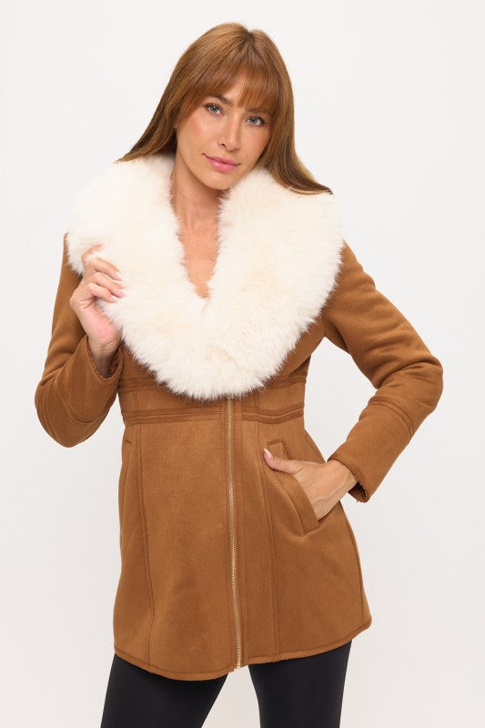 Model Wearing Luxe Faux Fur-Collar Tailored Coat Full Length View in Tan | Coalition LA