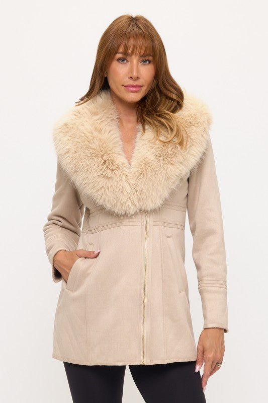 Luxe Faux Fur-Collar Tailored Coat Front View in Beige | Coalition LA