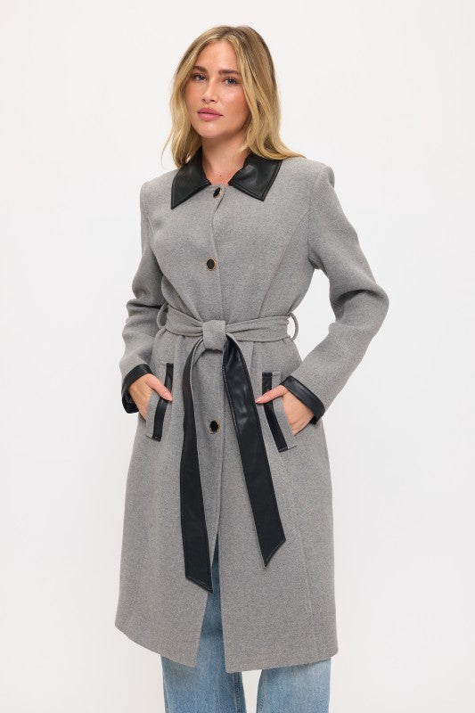 Windsor Contrast Maxi Coat Side View in Grey | Coalition LA