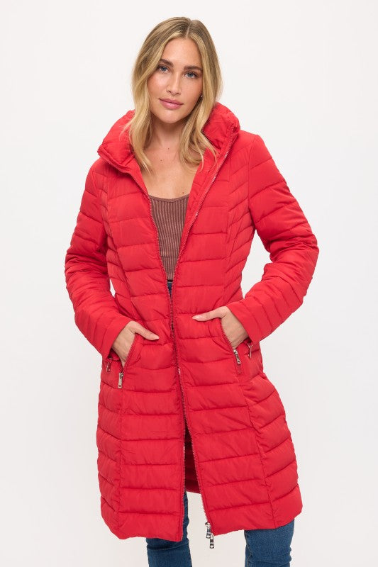 Model Wearing Summit Sleek Quilted Puffer Coat Full Length View in Red | Coalition LA