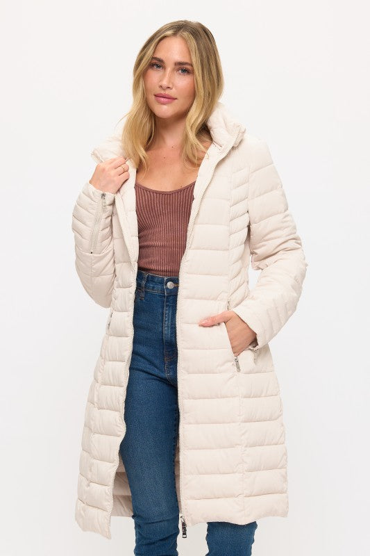 Summit Sleek Quilted Puffer Coat Front View in Cream | Coalition LA