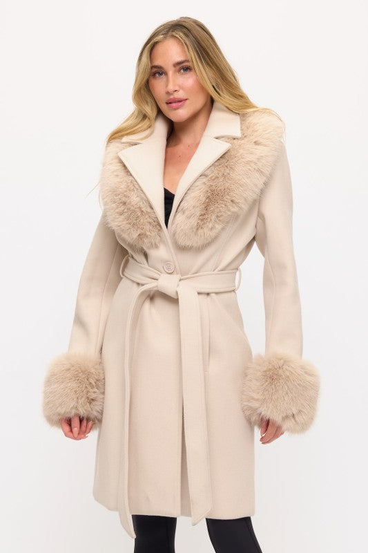 CLAWC0106: Belted Fur-Trim Coat