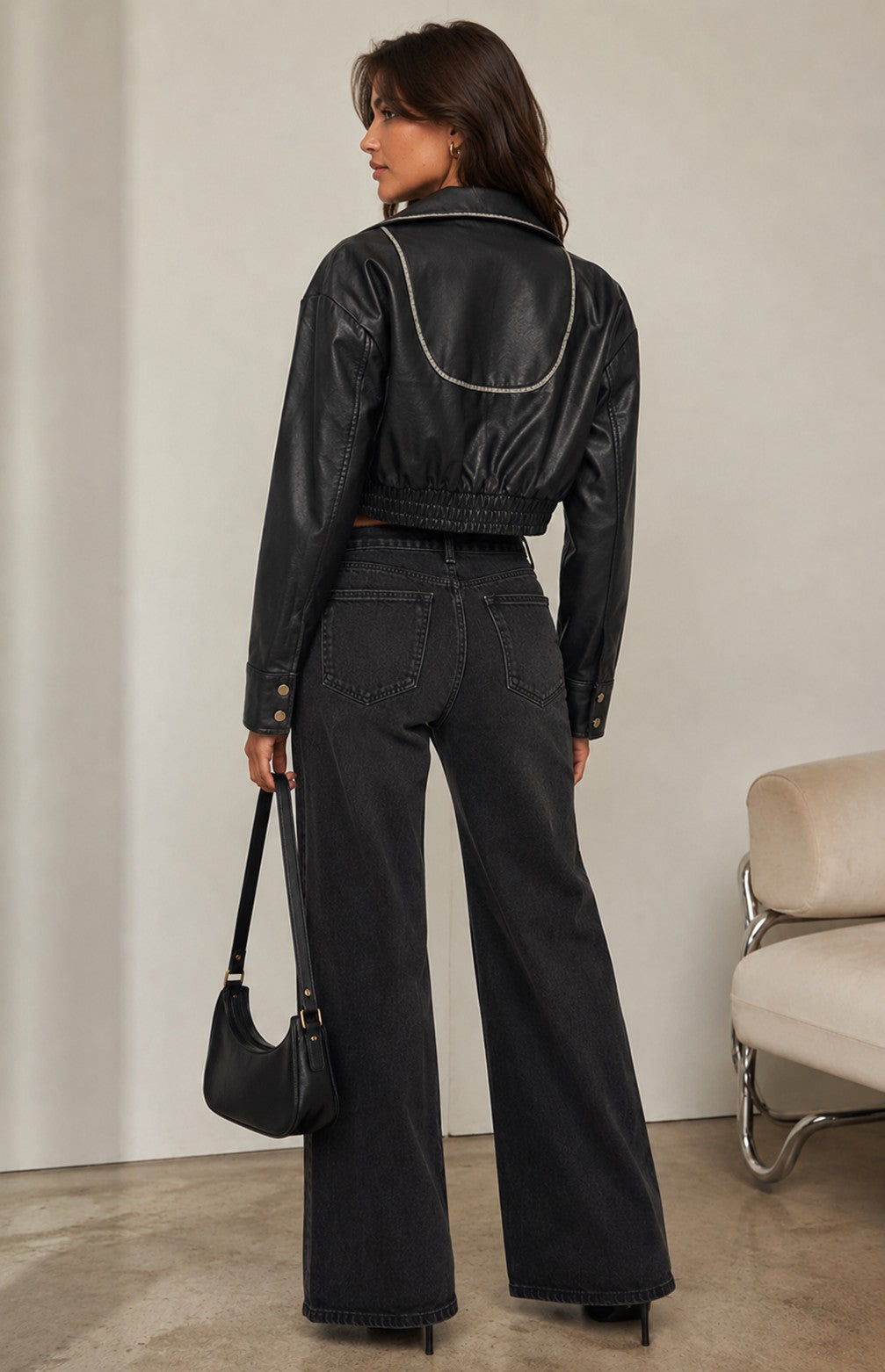 CLALJ0159: Cropped Moto Jacket with Contrast Stitch Detail