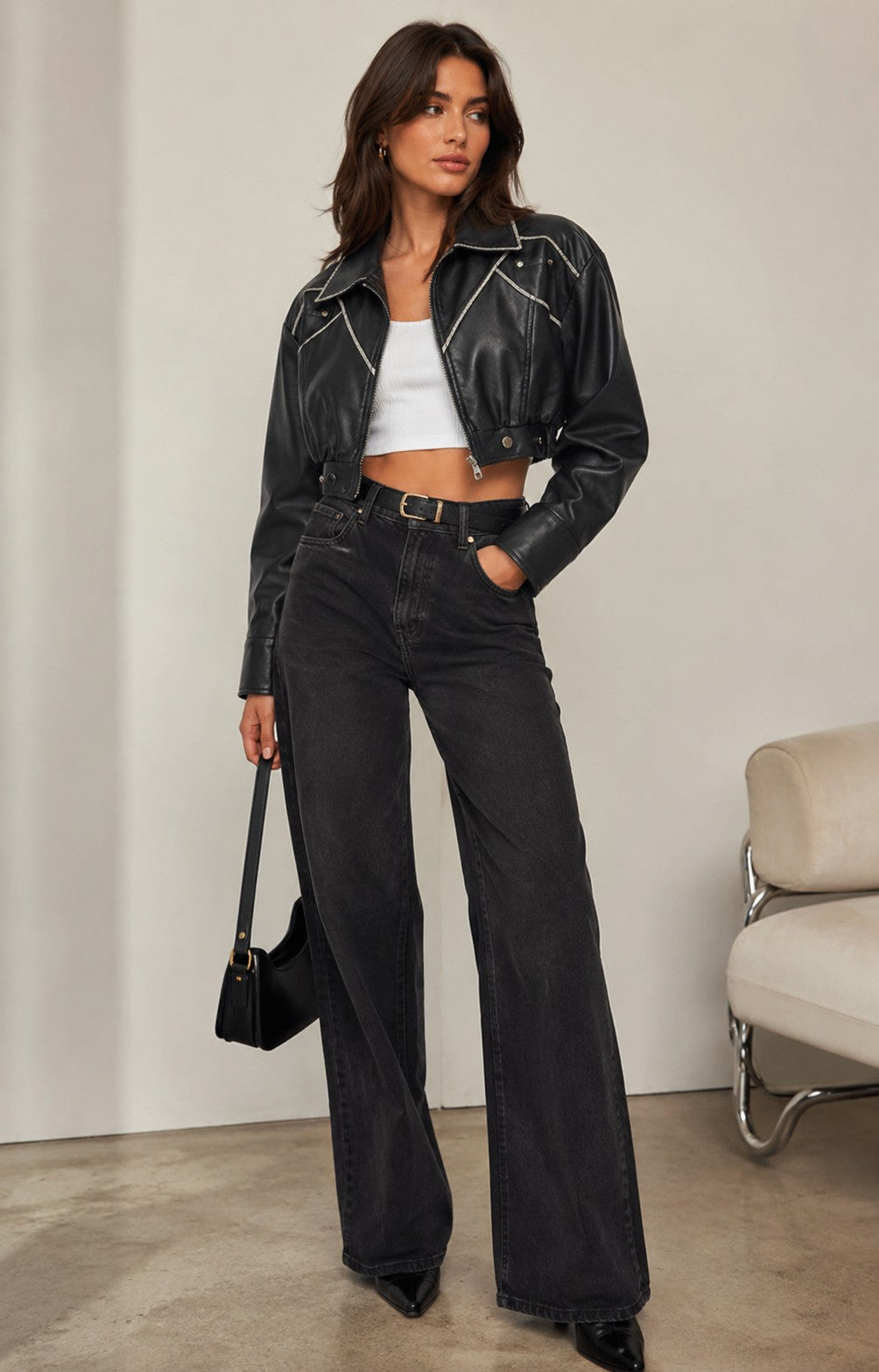 CLALJ0159: Cropped Moto Jacket with Contrast Stitch Detail