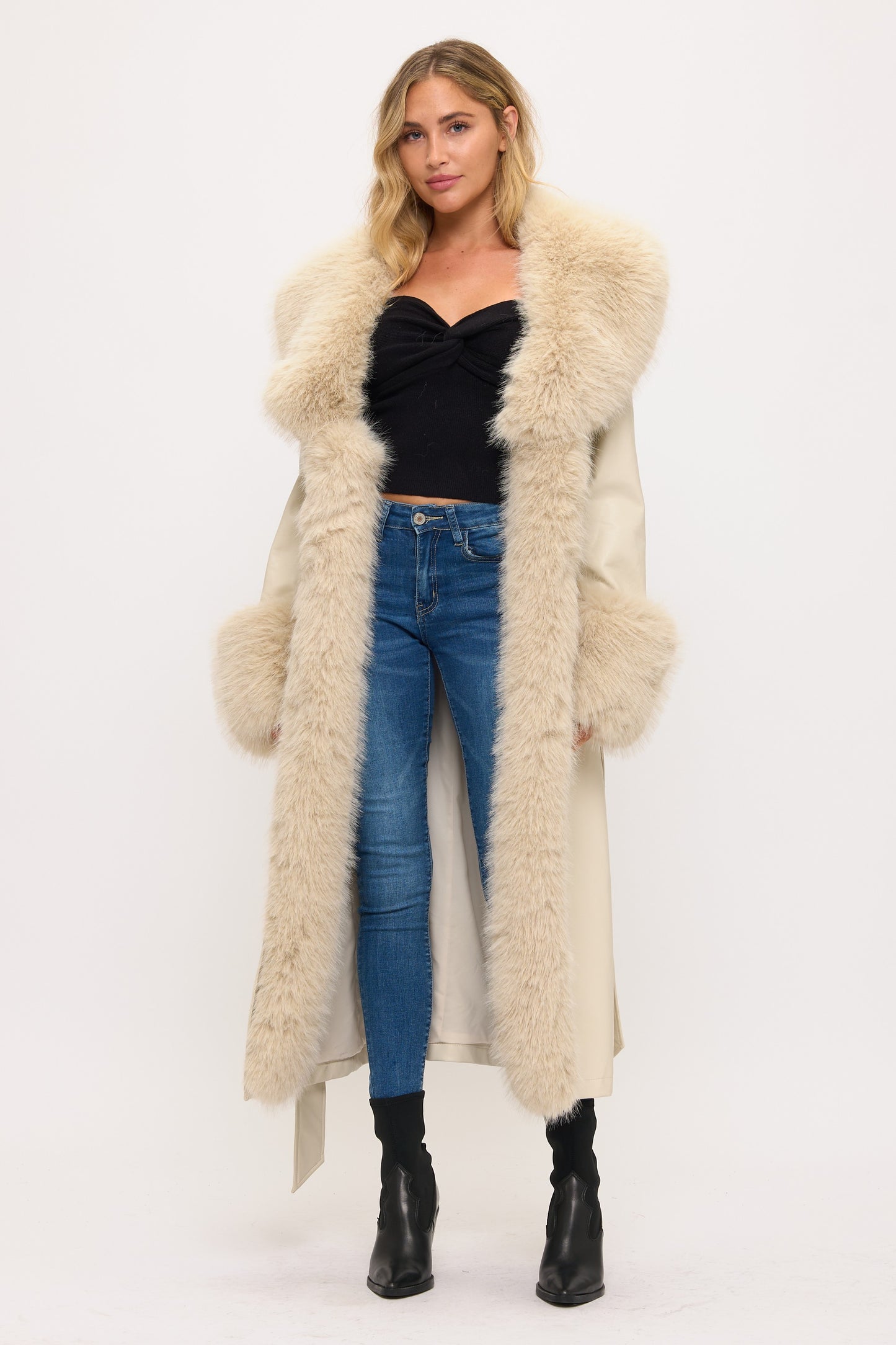 CLALJ0156: Long Faux Leather & Fur Trim Coat