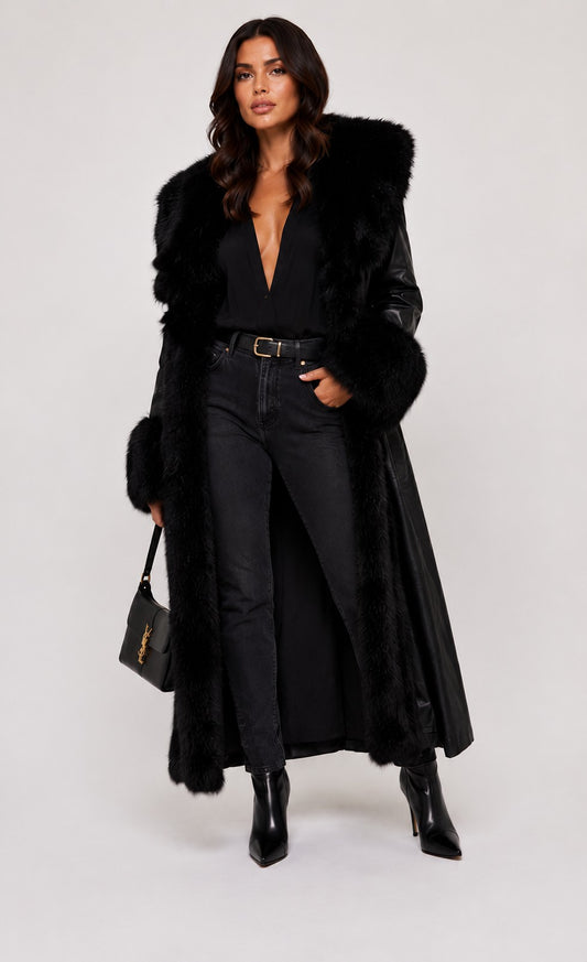 CLALJ0156: Long Faux Leather & Fur Trim Coat
