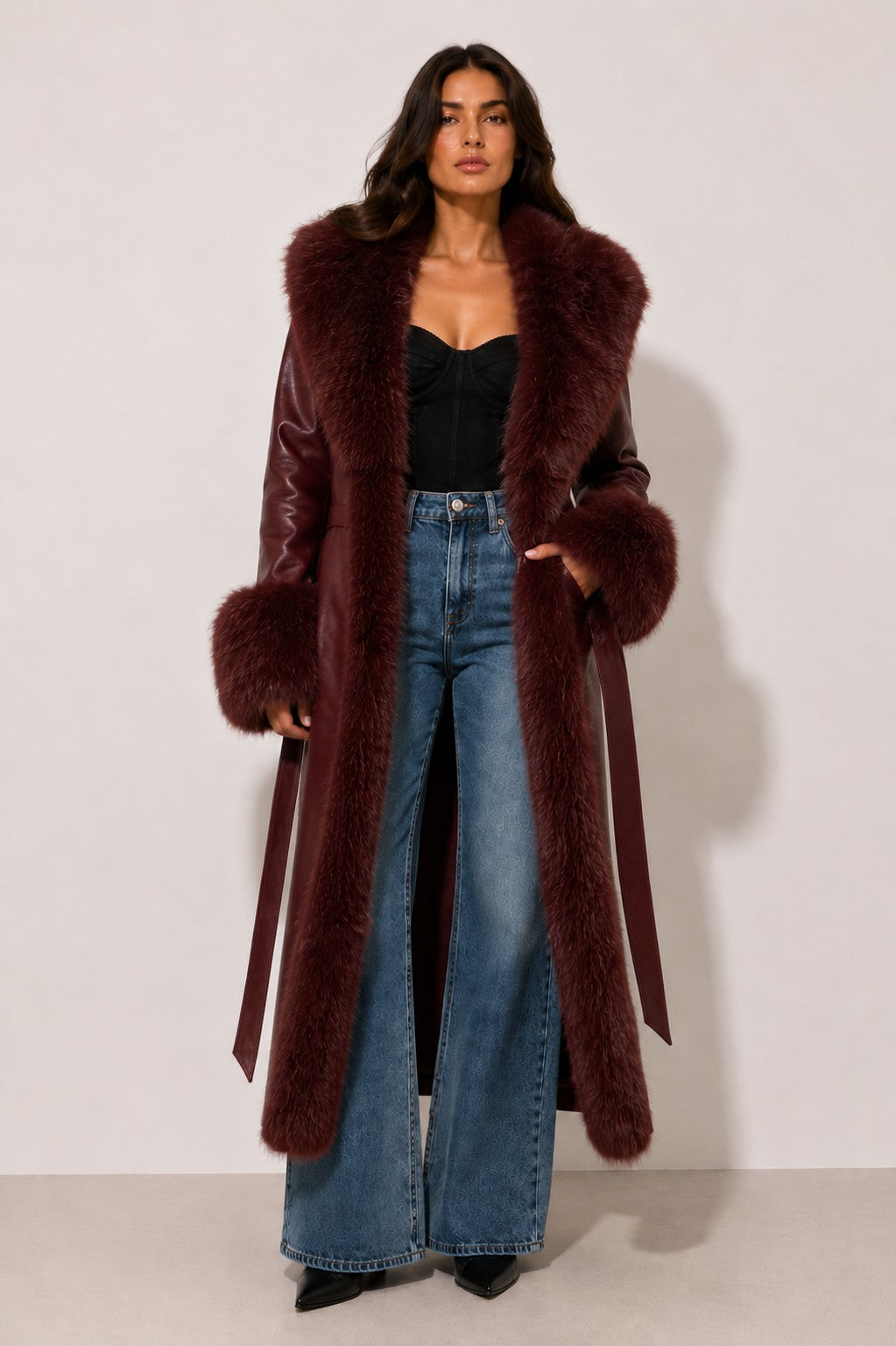 CLALJ0156: Long Faux Leather & Fur Trim Coat