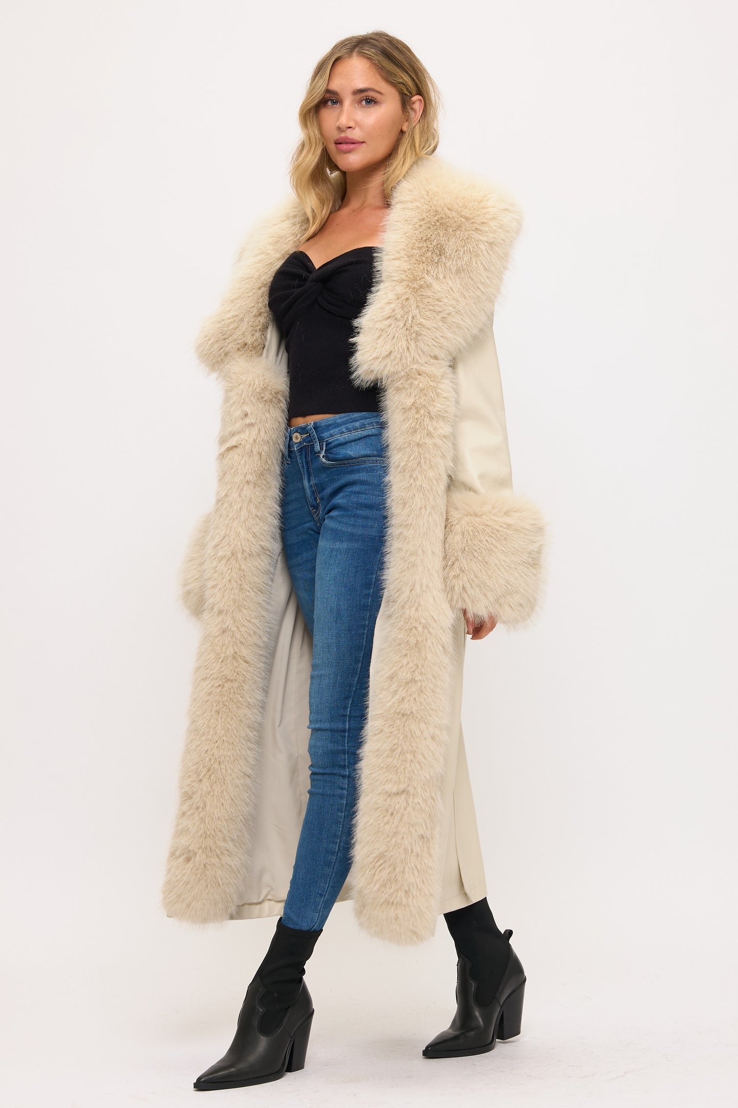 CLALJ0156: Long Faux Leather & Fur Trim Coat