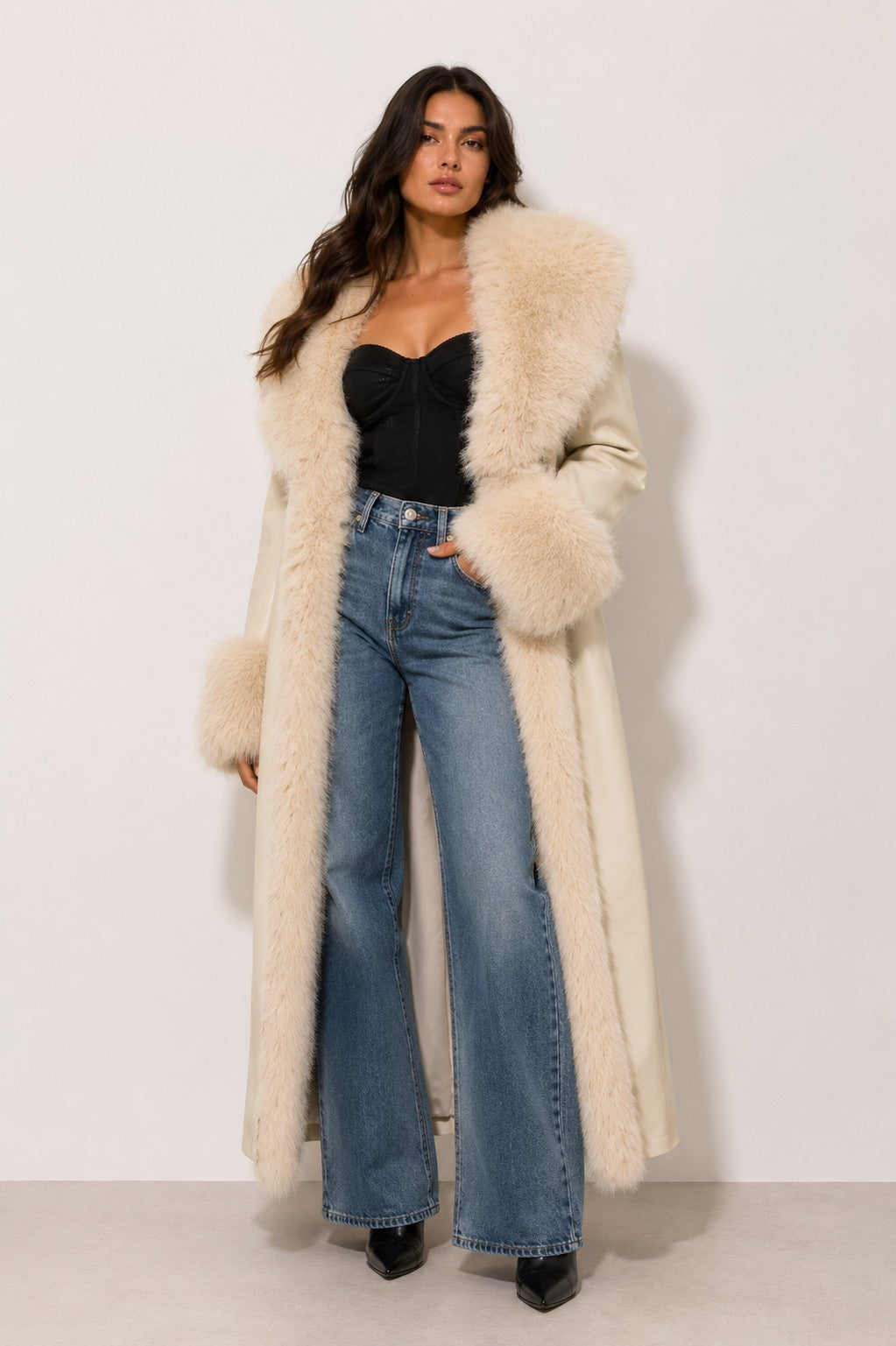 CLALJ0156: Long Faux Leather & Fur Trim Coat