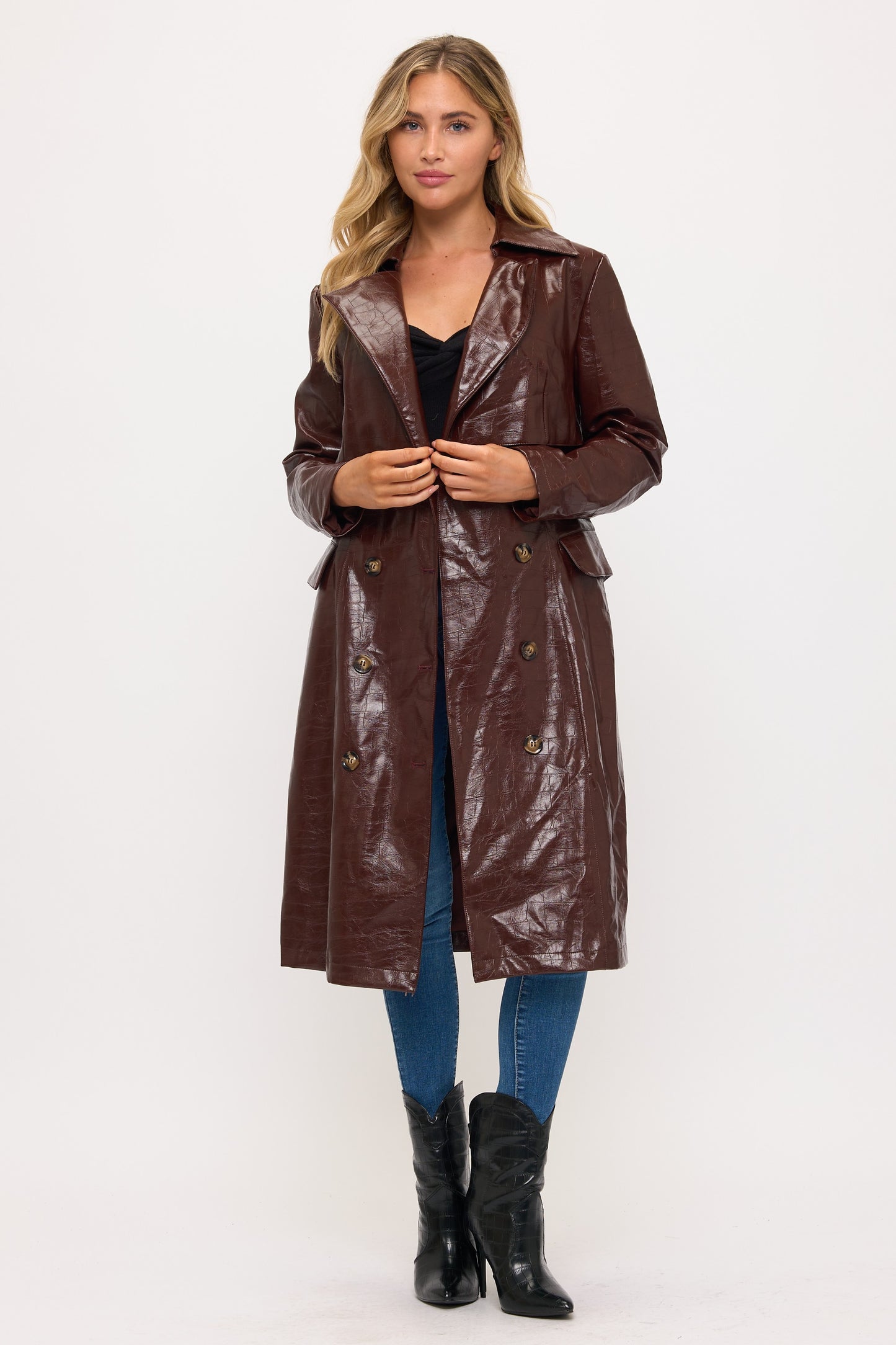 LT0166: Crocodile Faux Leather Trench Coat