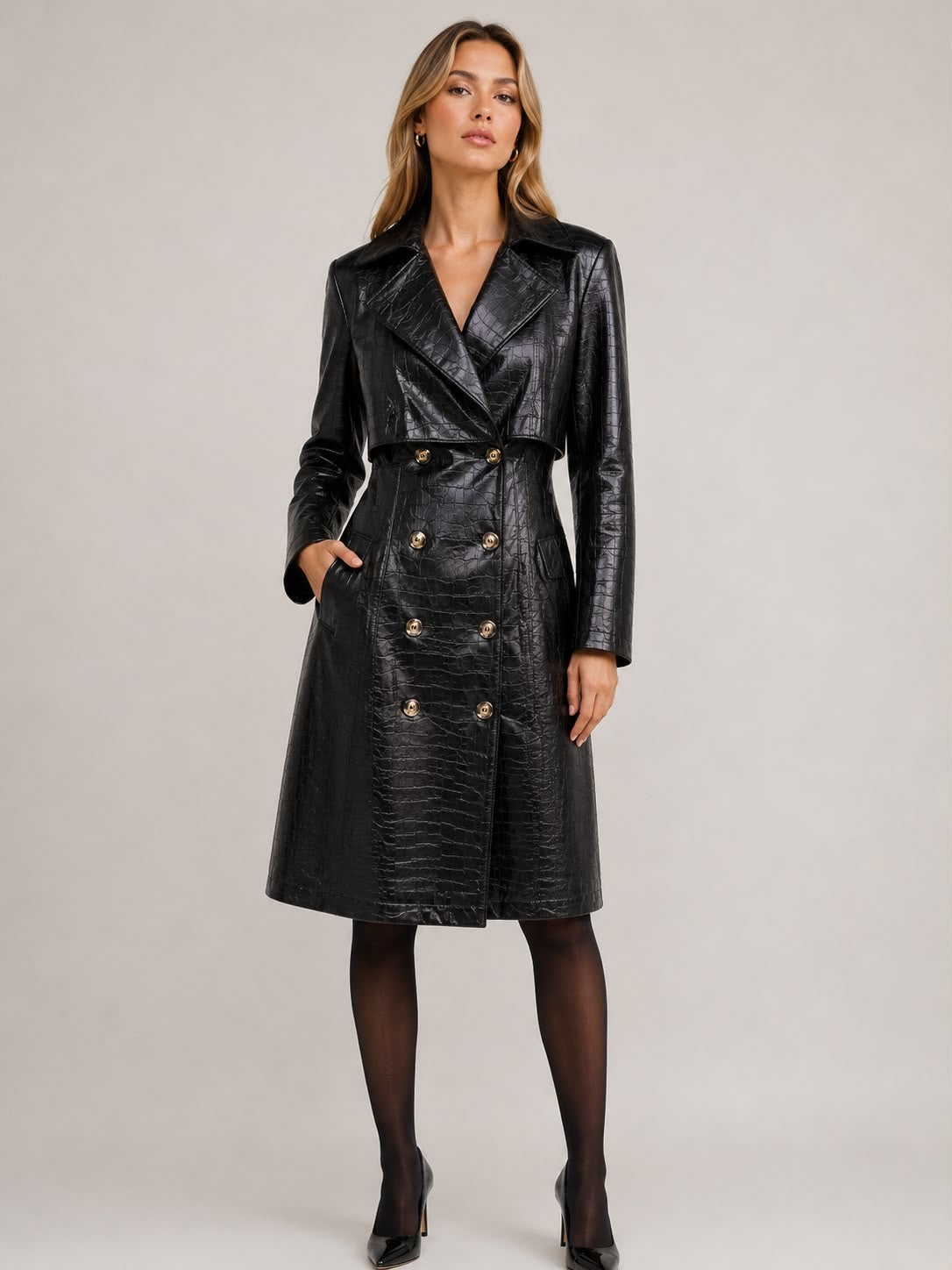 LT0166: Crocodile Faux Leather Trench Coat