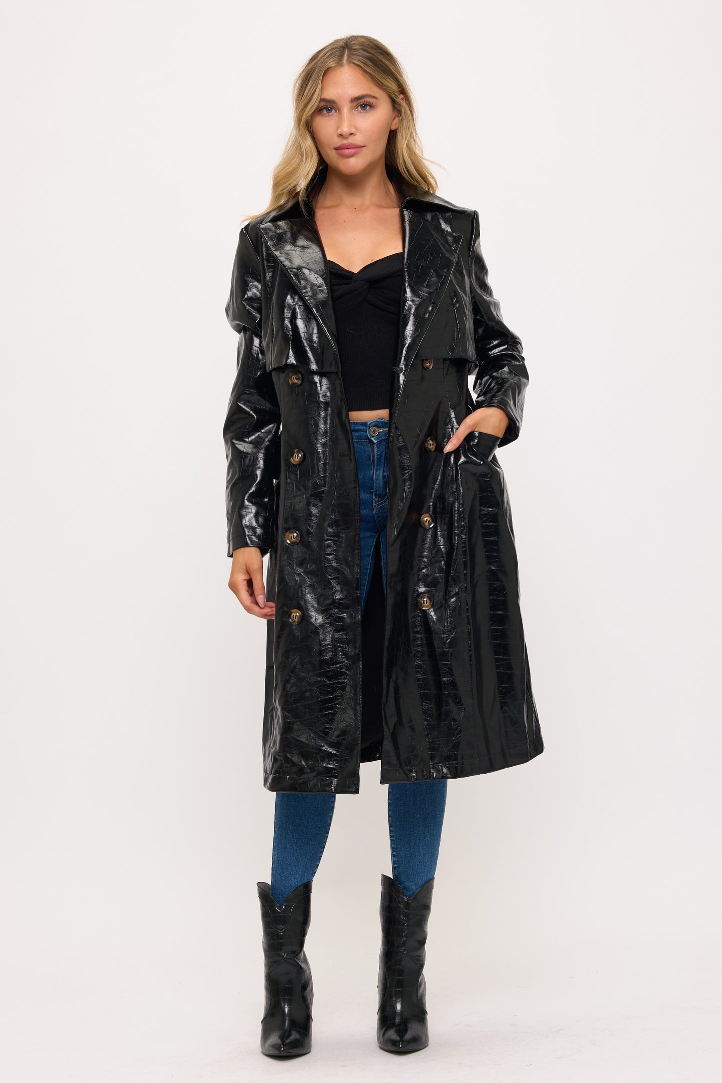 LT0166: Crocodile Faux Leather Trench Coat
