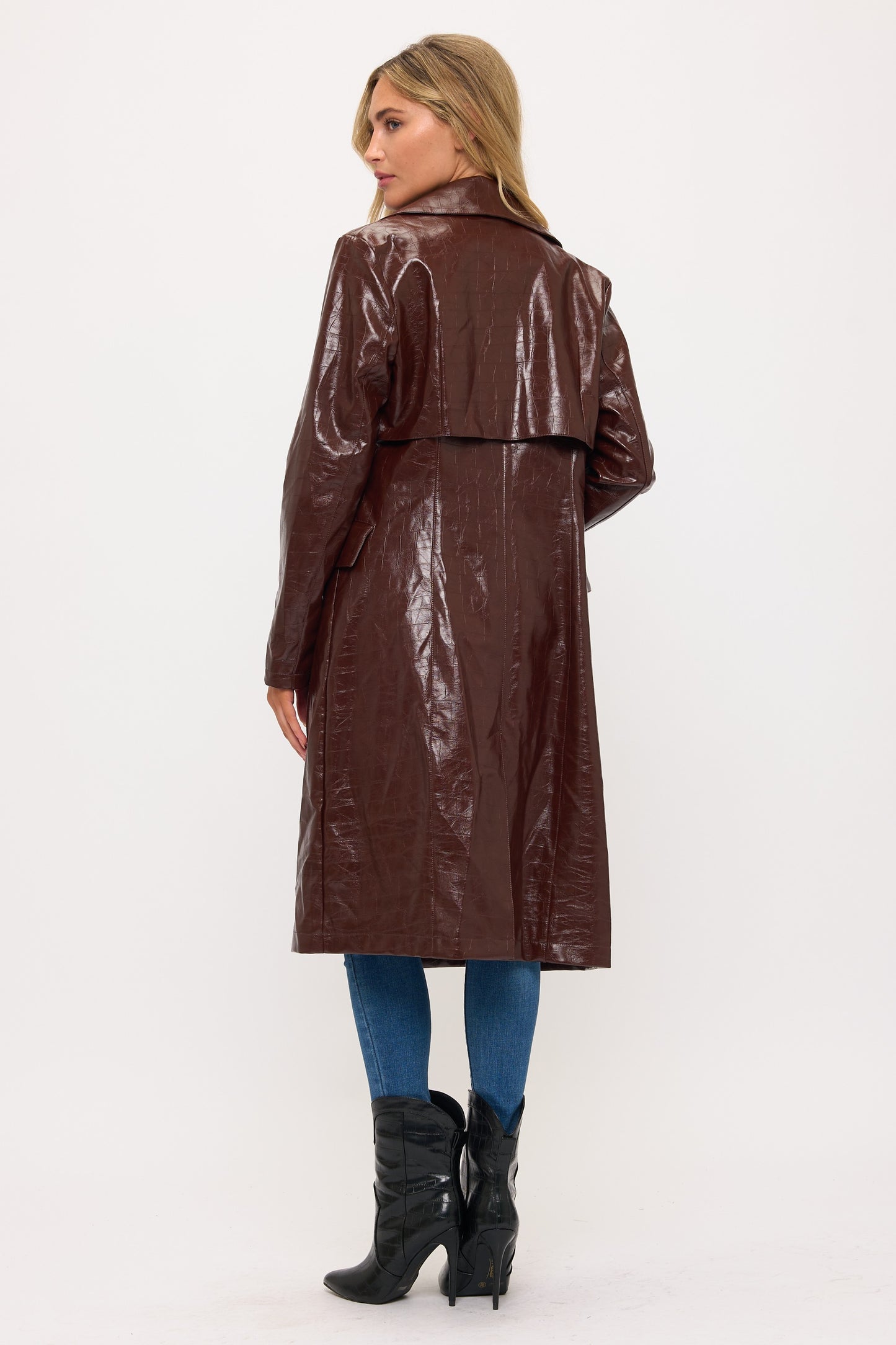 LT0166: Crocodile Faux Leather Trench Coat