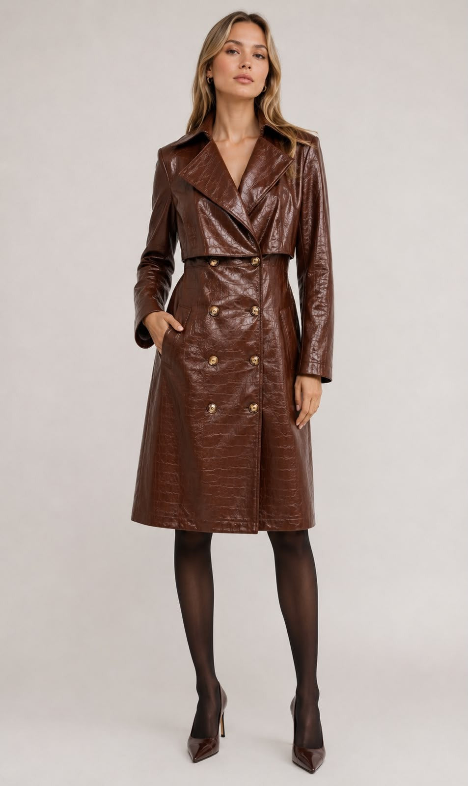 LT0166: Crocodile Faux Leather Trench Coat